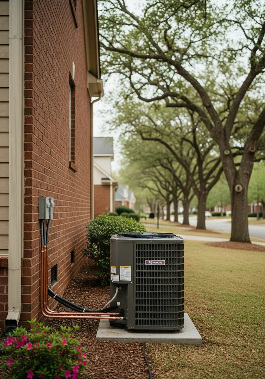 Residential HVAC unit installed on home exterior in Greenville area neighborhood
