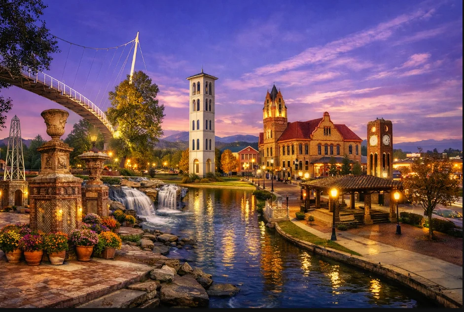 Aerial view of Greenville, SC downtown skyline with Blue Ridge Mountains in the distance
