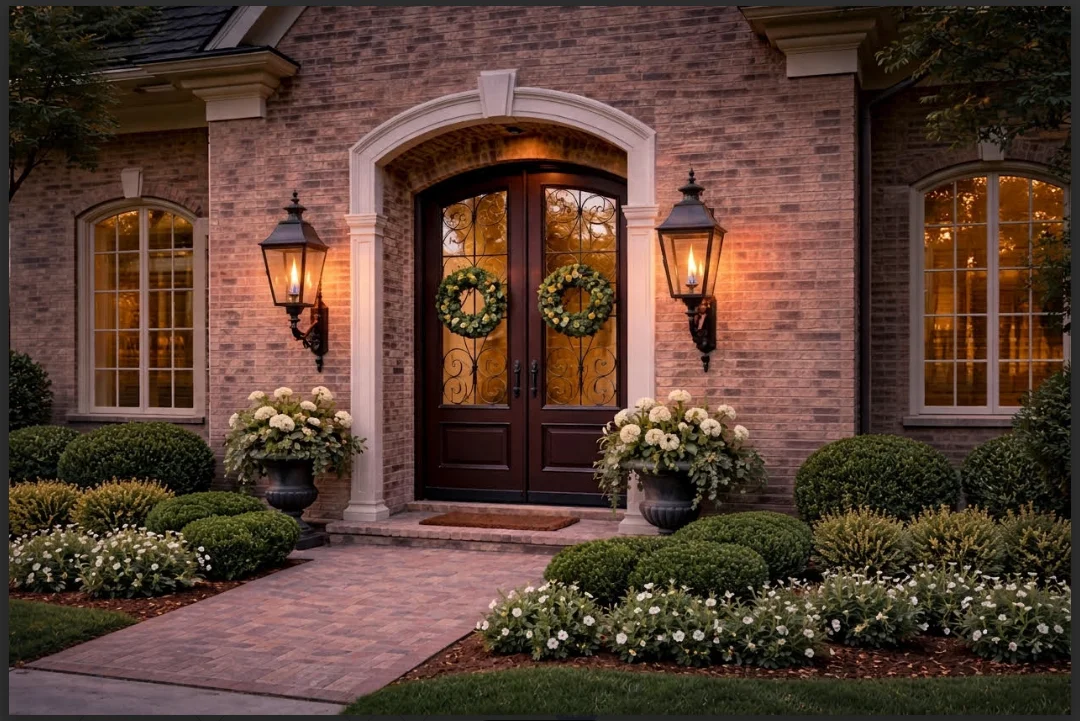 A gas log set burning inside a brick fireplace in a Greenville, SC living room, with realistic ceramic logs and a steady flame visible. A gas lantern mounted beside a front entry door on a Greenville home exterior, lit against an evening sky.
