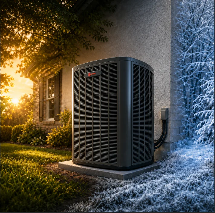 A Freeman Infinity Air HVAC technician inspecting an outdoor air conditioning unit at a residential home in Greenville, SC. The unit sits beside a single-family home on a sunny day typical of the Upstate South Carolina summer climate.