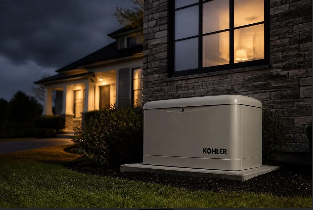 A Kohler standby generator installed on a concrete pad beside a residential home in Greenville, SC. The unit is connected to a natural gas line with a transfer switch mounted on the exterior wall.