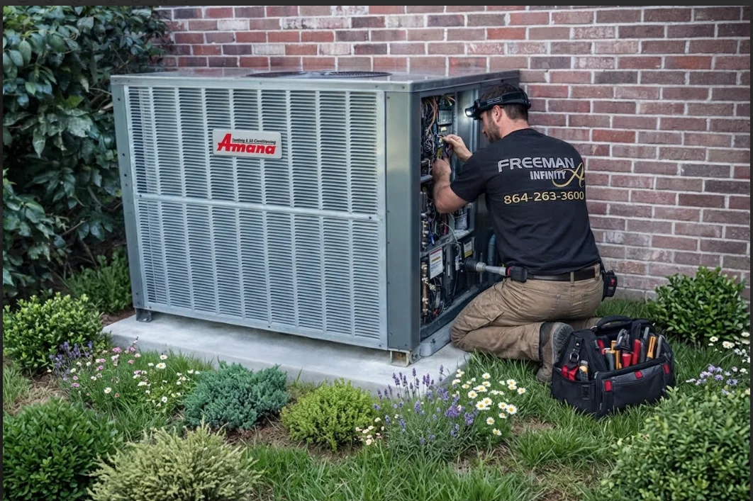 A Freeman Infinity Air technician inspecting an outdoor HVAC condenser unit at a Greenville, SC home during a seasonal maintenance visit. The technician checks coil condition and electrical connections on a clear day with a residential neighborhood visible in the background.